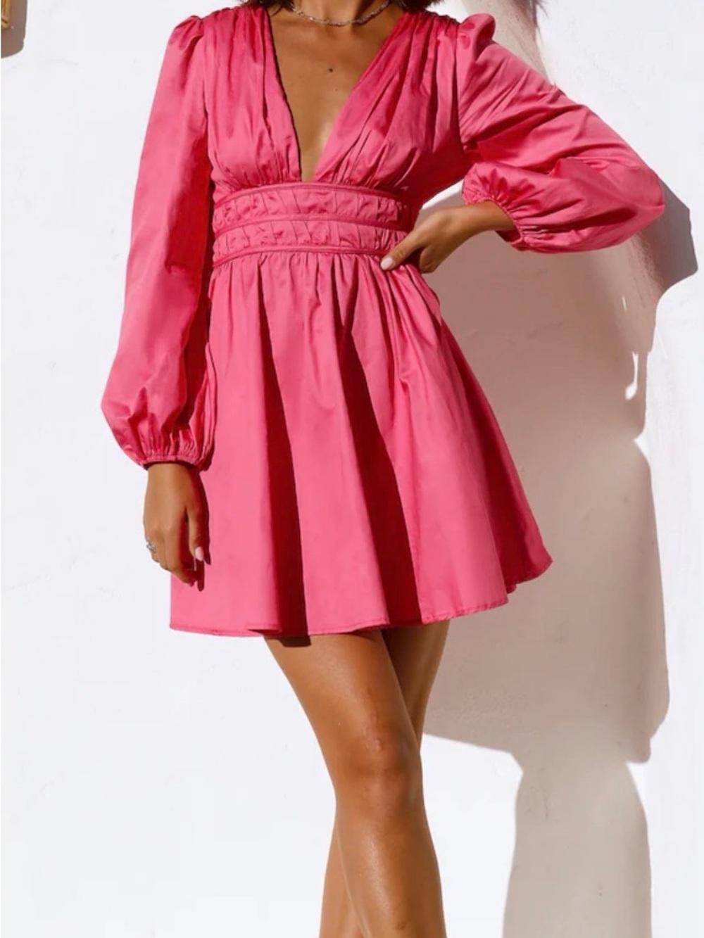 Hello Molly Hot Pink Plunging V-Neck Long Sleeve Mini Dress